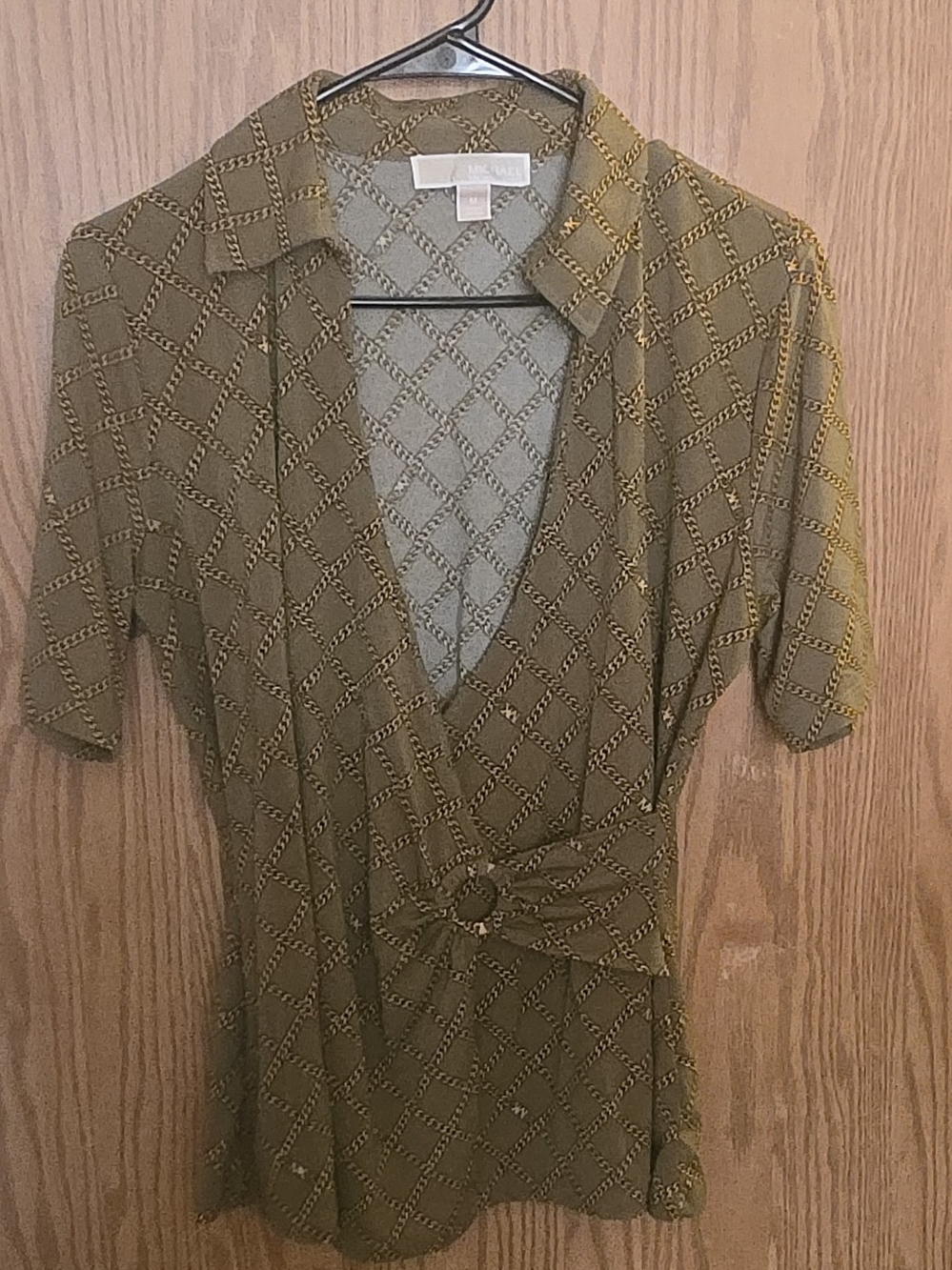 Michael Kors Olive Green Chain-Print Wrap Top with Gold Accents